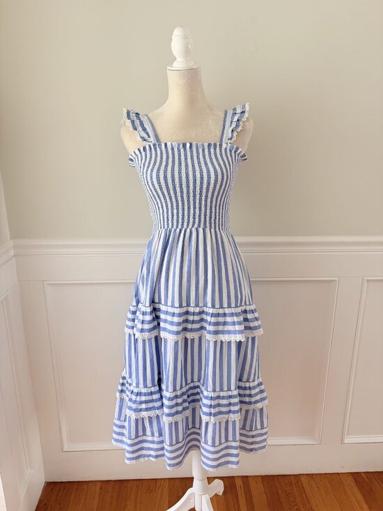 Alicia Bell Dresses & Skirts - Alicia Bell Blue & White Striped Smocked Midi Dress With Tiered Skirt XS